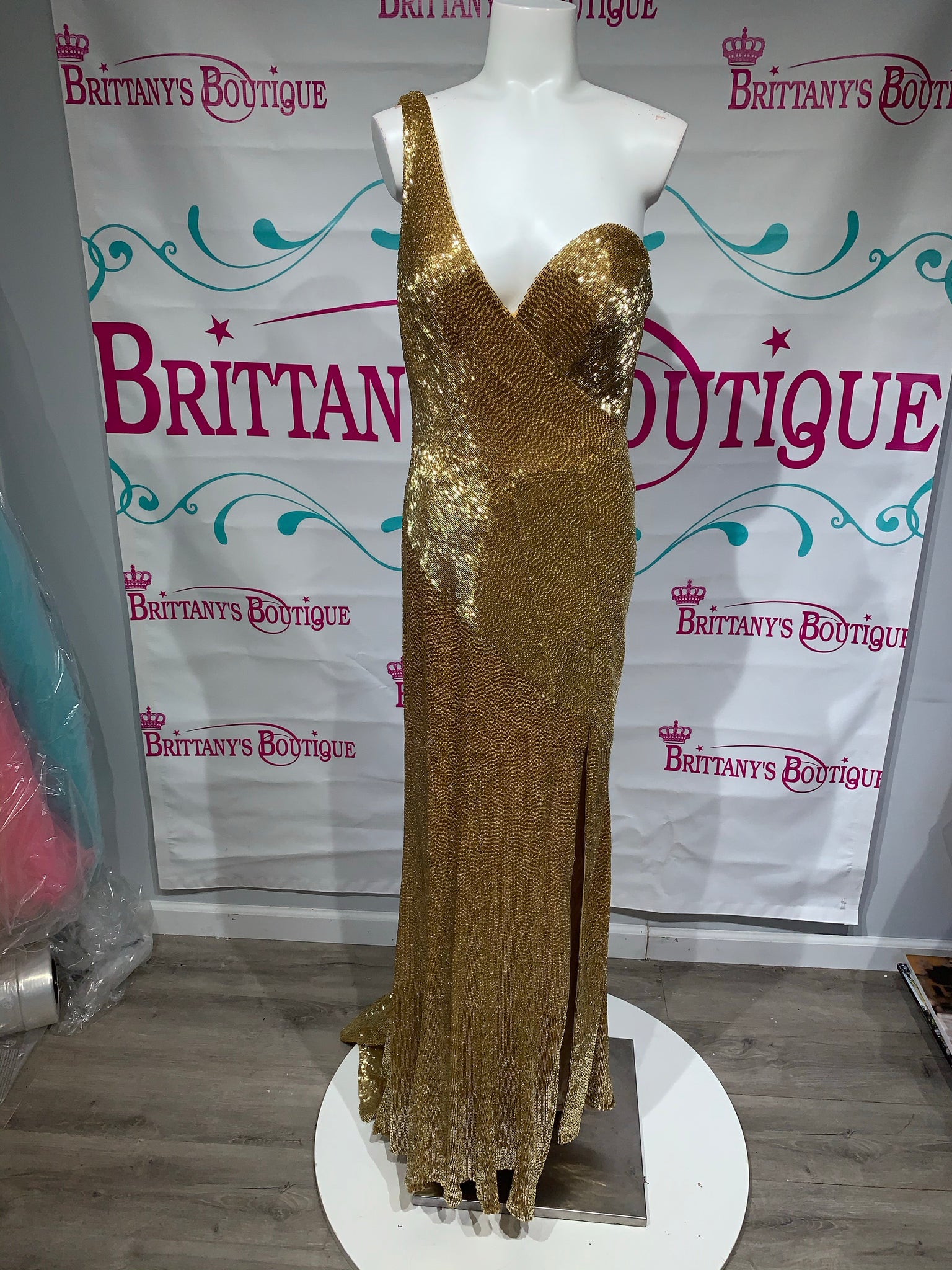 Ashley Lauren #1831 Gold Beaded Gown