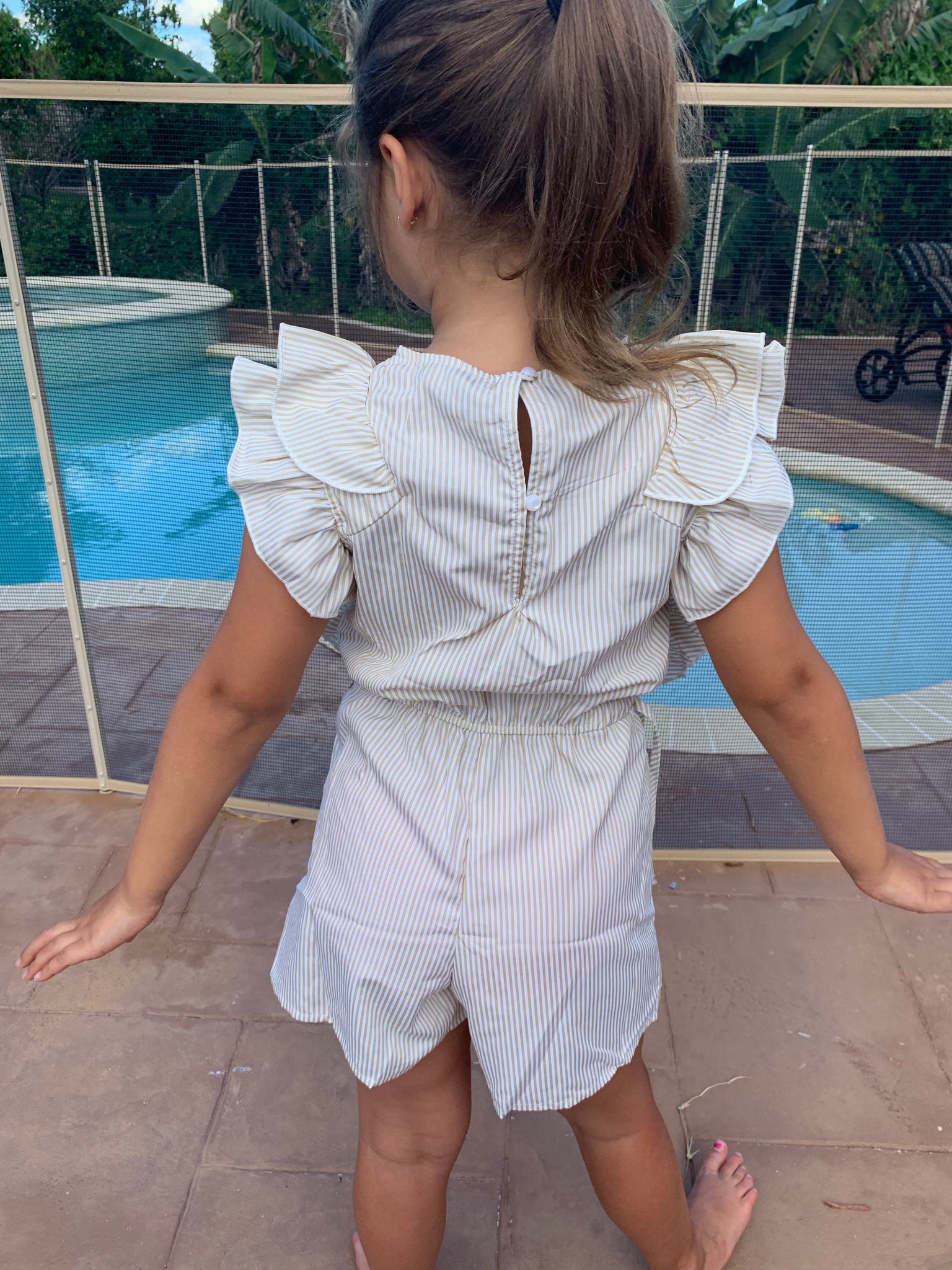 Girls Beige Striped Romper